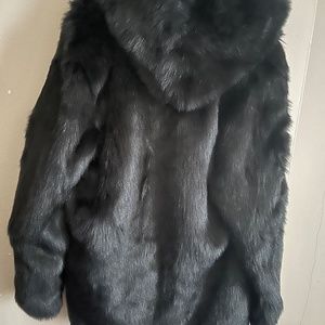Fake Black Wolf Hooded Fur Coat with Oversized Hood